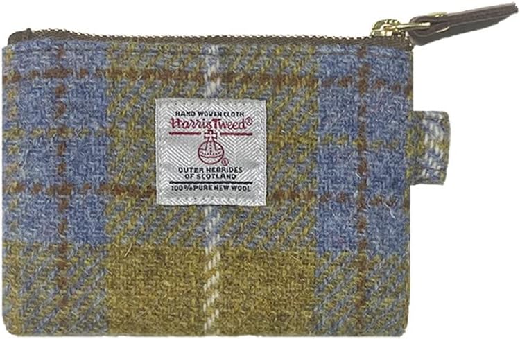 Harris Tweed Mini Coin Purse Handmade Lipstick Bag Vintage British Portable Credit Card ID Wallet with YKK Zipper for Women men (Yellow Blue)